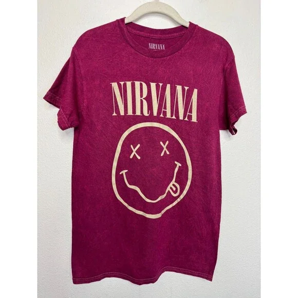 Nirvana Small Smiley Face T-Shirt Red Mineral Wash Cotton Short Sleeve Band NWOT - Picture 1 of 7